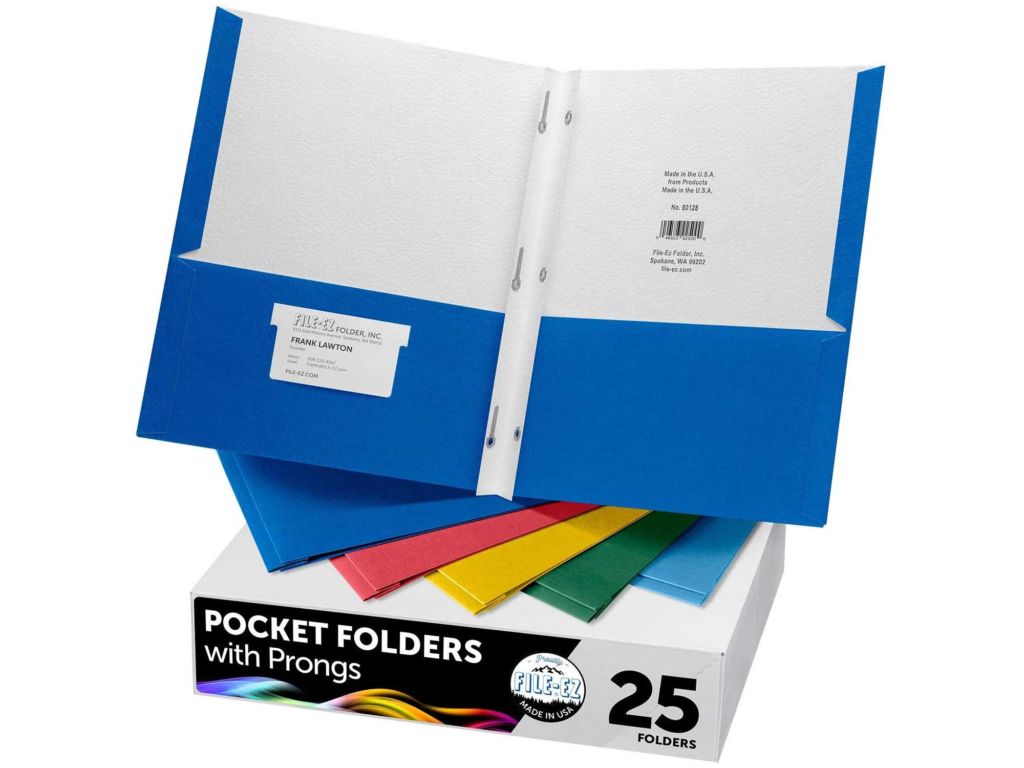 FILE-EZ Two-Pocket Folders with 3-Prong Fasteners, Assorted Colors, 25-Pack, Durable Textured Paper, Matte Finish, Letter Sheet Size (EZ-92500)