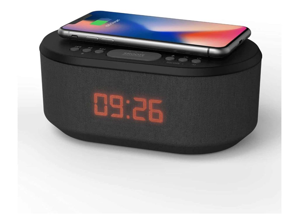 Bedside Radio Alarm Clock with USB Charger, Bluetooth Speaker, QI Wireless Charging, Dual Alarm Dimmable LED Display (Black)