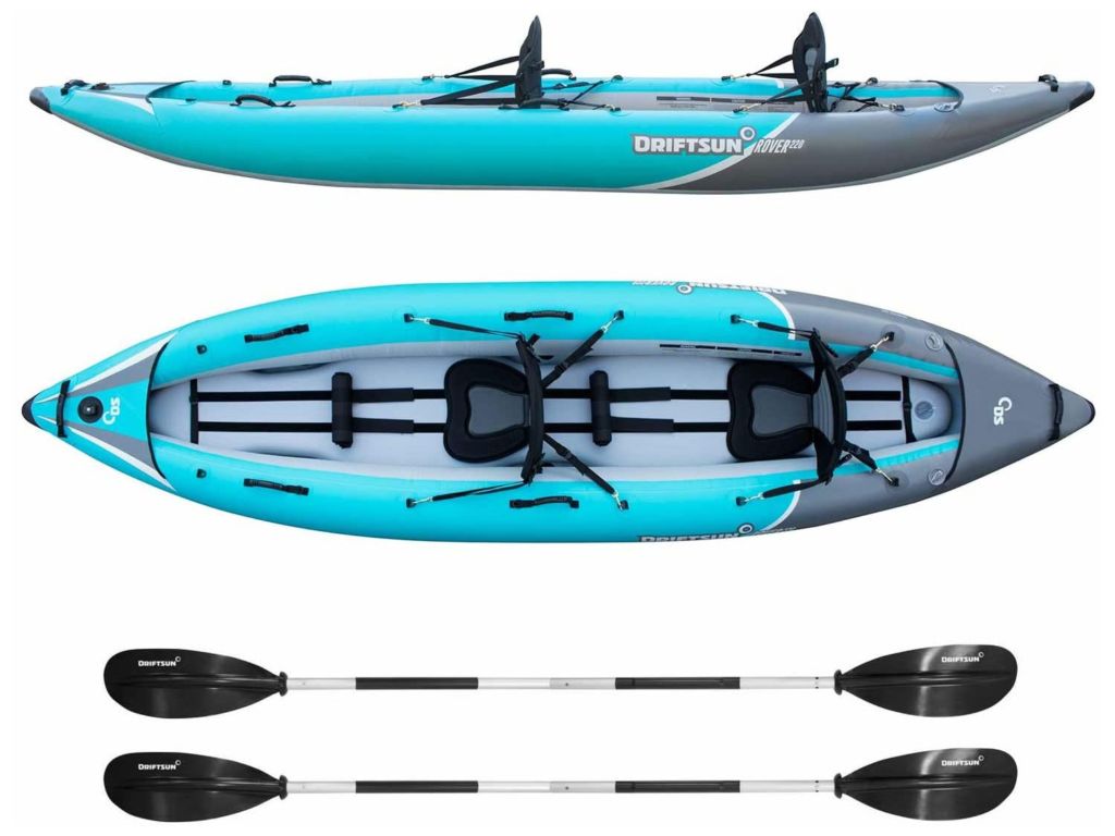 Driftsun Rover 120/220 Inflatable Tandem White-Water Kayak with High Pressure Floor and EVA Padded Seats with High Back Support, Includes Action Cam Mount, Aluminum Paddles, Pump and More