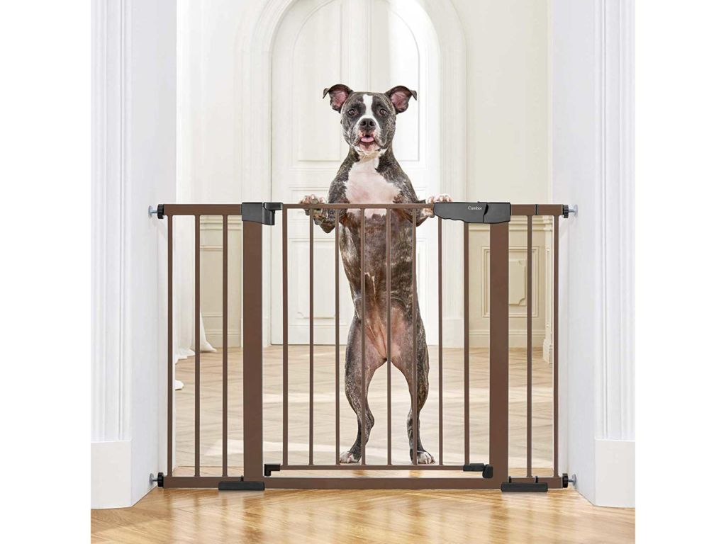 Cumbor 46” Baby Gate for Stairs and Doorways, Extra Tall and Wide Auto Close Safety Child Gate, Easy Walk Thru Durable Dog Gate for The House. Includes (2)2.75-Inch and 8.25-Inch Extension (Brown)
