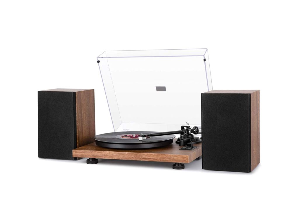 1byone Wireless Turntable HiFi System with 36 Watt Bookshelf Speakers, Patend Designed Vinyl Record Player with Magnetic Cartridge, Wireless Playback and Auto Off1byone