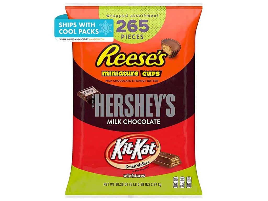 REESE'S, HERSHEY'S and KIT KAT Assorted Milk Chocolate Miniatures Candy, Bulk, 80.39 oz Bulk Variety Bag (265 Pieces)