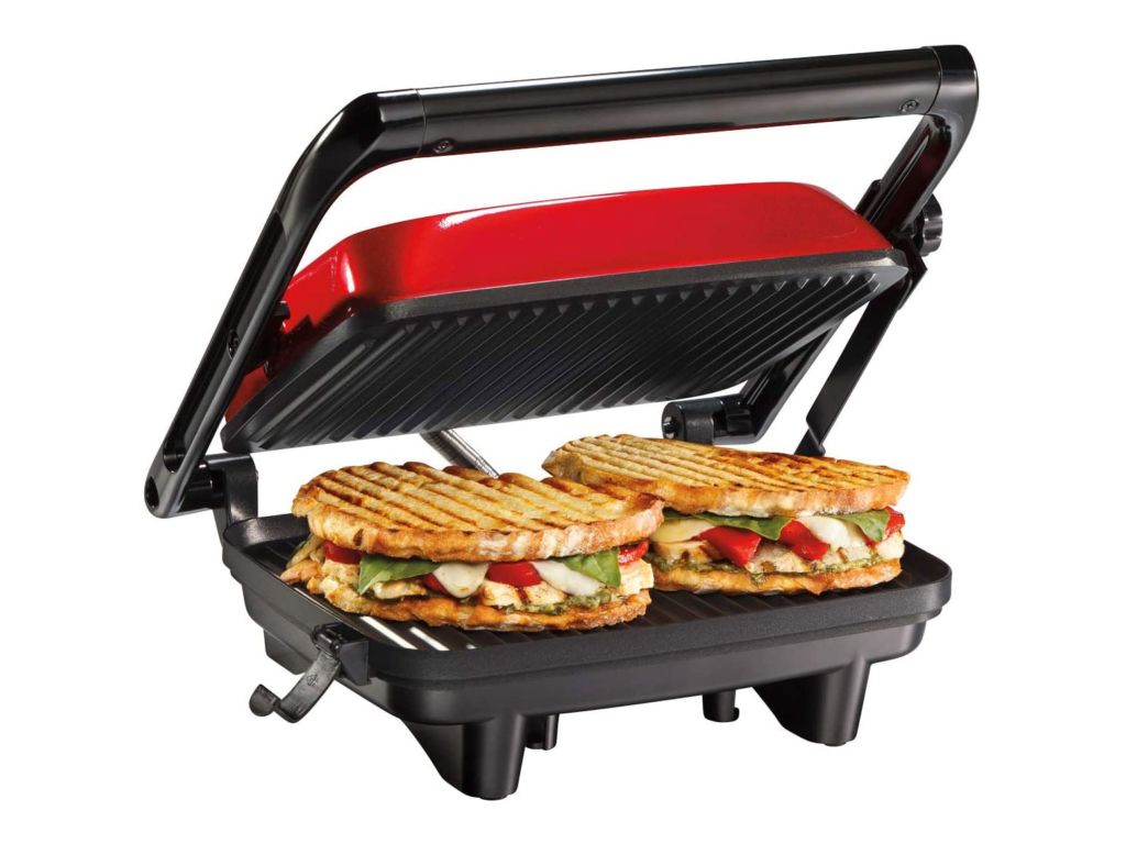 Hamilton Beach Electric Panini Press Grill with Locking Lid, Opens 180 Degrees for Any Sandwich Thickness, Nonstick 8" X 10" Grids, Red (25462Z)