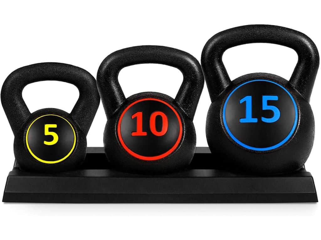 Best Choice Products 3-Piece Kettlebell Set with Storage Rack, HDPE Coated Exercise Fitness Concrete Weights for Home Gym, Strength Training, HIIT Workout 5lb, 10lb, 15lb
