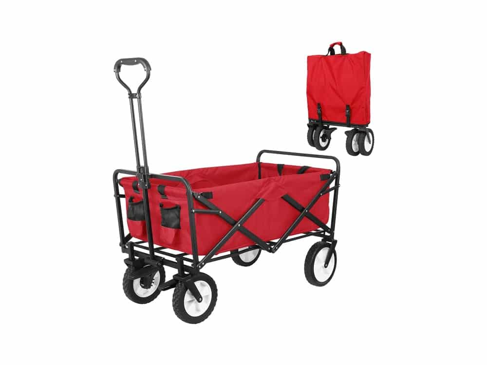 HEMBOR Collapsible Outdoor Utility Wagon, Heavy Duty Folding Garden Portable Hand Cart, with 8" Rubber Wheels and Brake Wheels, Adjustable Handles and Double Fabric, for Shopping, Picnic, Beach (RED)
