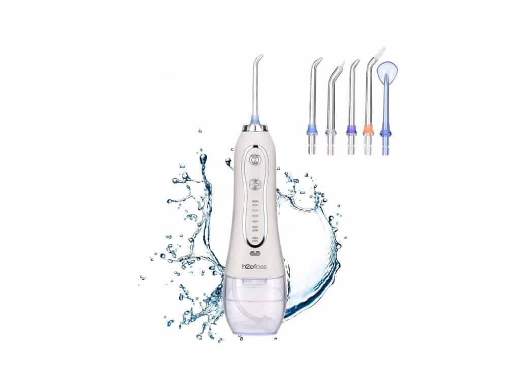 H2ofloss Water Flosser Portable Dental Oral Irrigator with 5 Modes, 6 Replaceable Jet Tips, Rechargeable Waterproof Teeth Cleaner for Home and Travel -300ml Detachable Reservoir (HF-6)