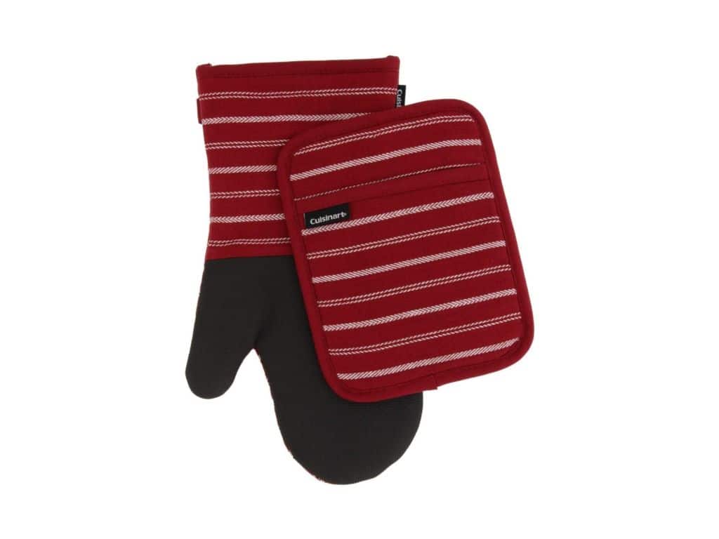 Cuisinart Neoprene Oven Mitts and Potholder Set-Heat Resistant Oven Gloves to Protect Hands and Surfaces with Non-Slip Grip, Hanging Loop-Ideal for Handling Hot Cookware Items, Twill Stripe Red Dahlia