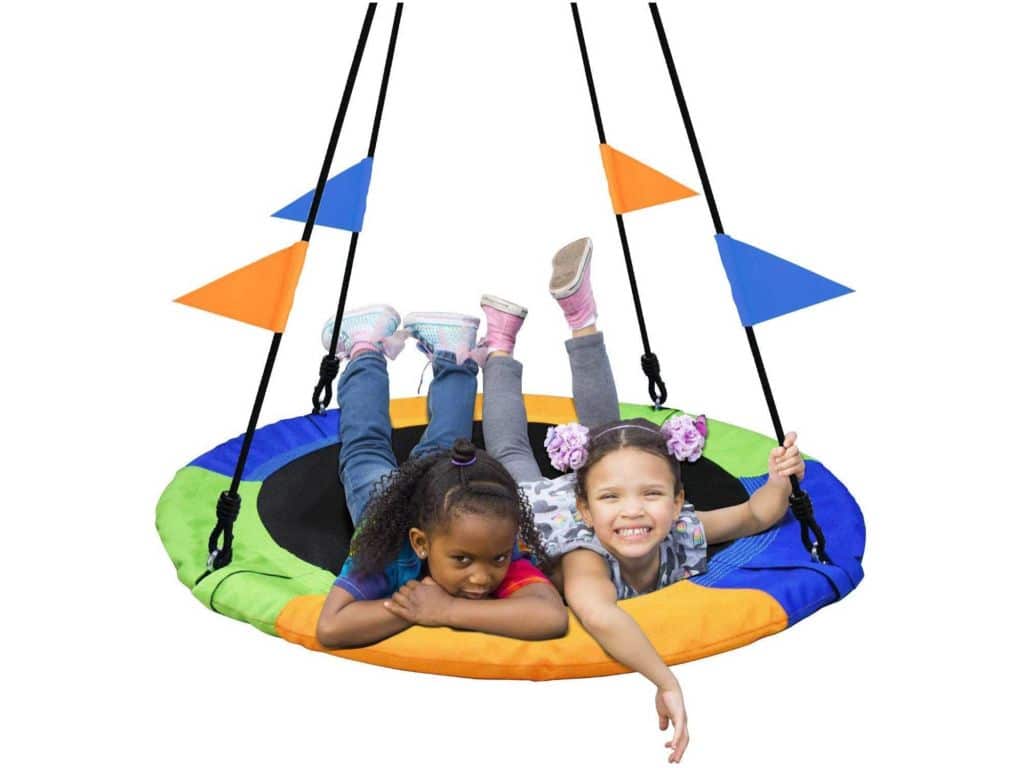 PACEARTH 40 Inch Saucer Tree Swing Flying 660lb Weight Capacity 2 Added Hanging Straps Adjustable Multi-Strand Ropes Colorful Safe and Durable Swing Seat for Children Adults
