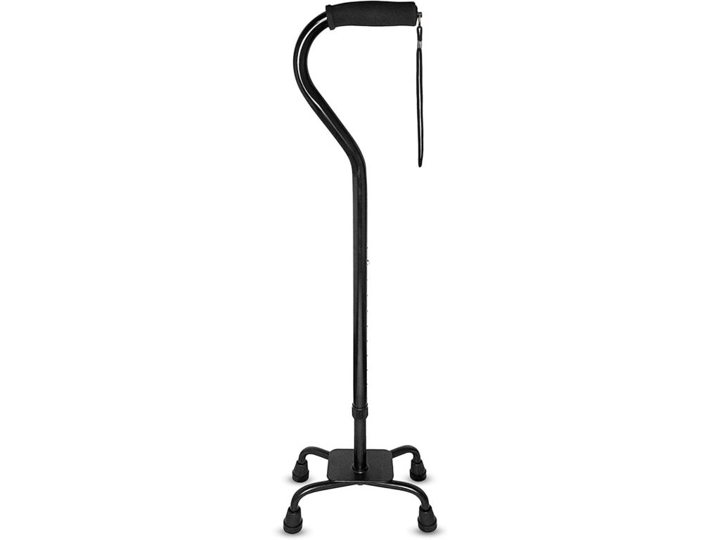 RMS Quad Cane - Adjustable Walking Cane with 4-Pronged Base for Extra Stability - Foam Padded Offset Handle for Soft Grip - Works for Right or Left Handed Men or Women (Black)