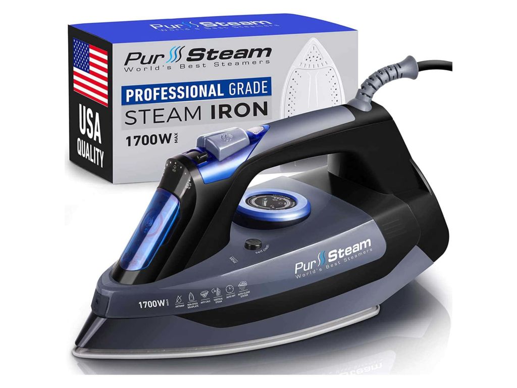 Professional Grade 1700W Steam Iron for Clothes with Rapid Even Heat Scratch Resistant Stainless Steel Sole Plate, True Position Axial Aligned Steam Holes, Self-Cleaning Function