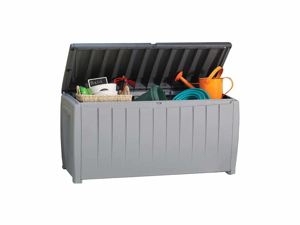 Keter Novel 90 Gallon Resin Deck Box-Organization and Storage for Patio Furniture Outdoor Cushions, Throw Pillows, Garden Tools and Pool Toys, Grey/Black