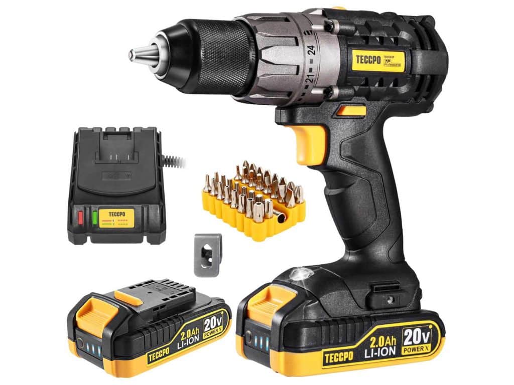 Cordless Drill, 20V Drill Driver 2x2000mAh Batteries, 530 In-lbs Torque, 24+1 Torque Setting, Fast Charger 2.0A, 0-1700RPM Variable Speed, 33pcs Accessories, 1/2" Metal Keyless Chuck, TECCPO