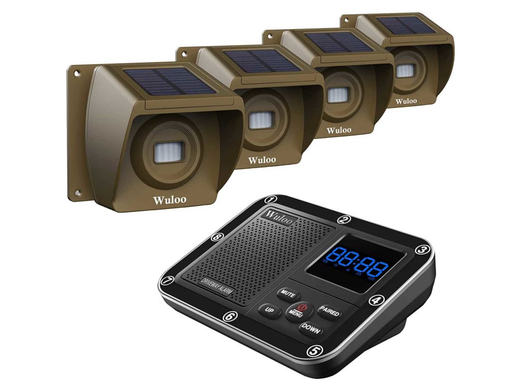 Solar Driveway Alarm Wireless Outside 1800ft Range, Outdoor Motion Sensor & Detector Driveway Alert System with Rechargeable Battery/Weatherproof/Mute Mode(1&4-Brown)