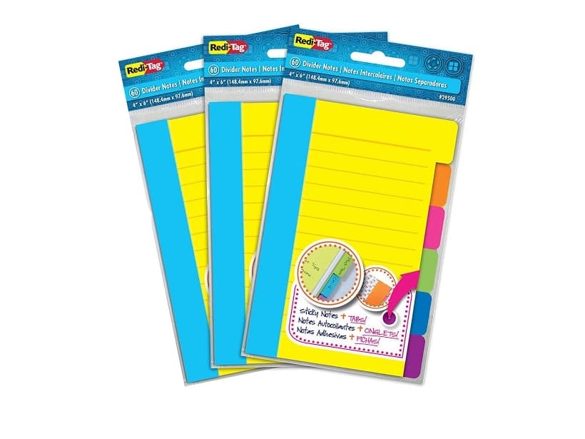 Redi-Tag Divider Sticky Notes, Tabbed Self-Stick Lined Note Pad, 60 Ruled Notes per Pack, 4 x 6 Inches, Assorted Neon Colors, 3 Pack (10245)