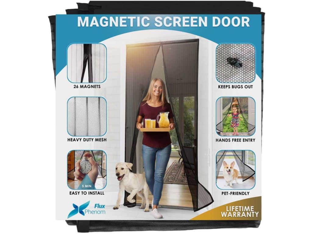 Flux Phenom Reinforced Magnetic Screen Door - Fits Doors up to 38 x 82 Inches - Bug, Fly, and Mosquito Net for Doors (Black)