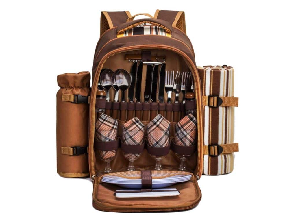 apollo walker Picnic Backpack Bag for 4 Person with Cooler Compartment,Wine Bag, Picnic Blanket(45"x53"),Best for Family and Lovers Gifts (Brown)