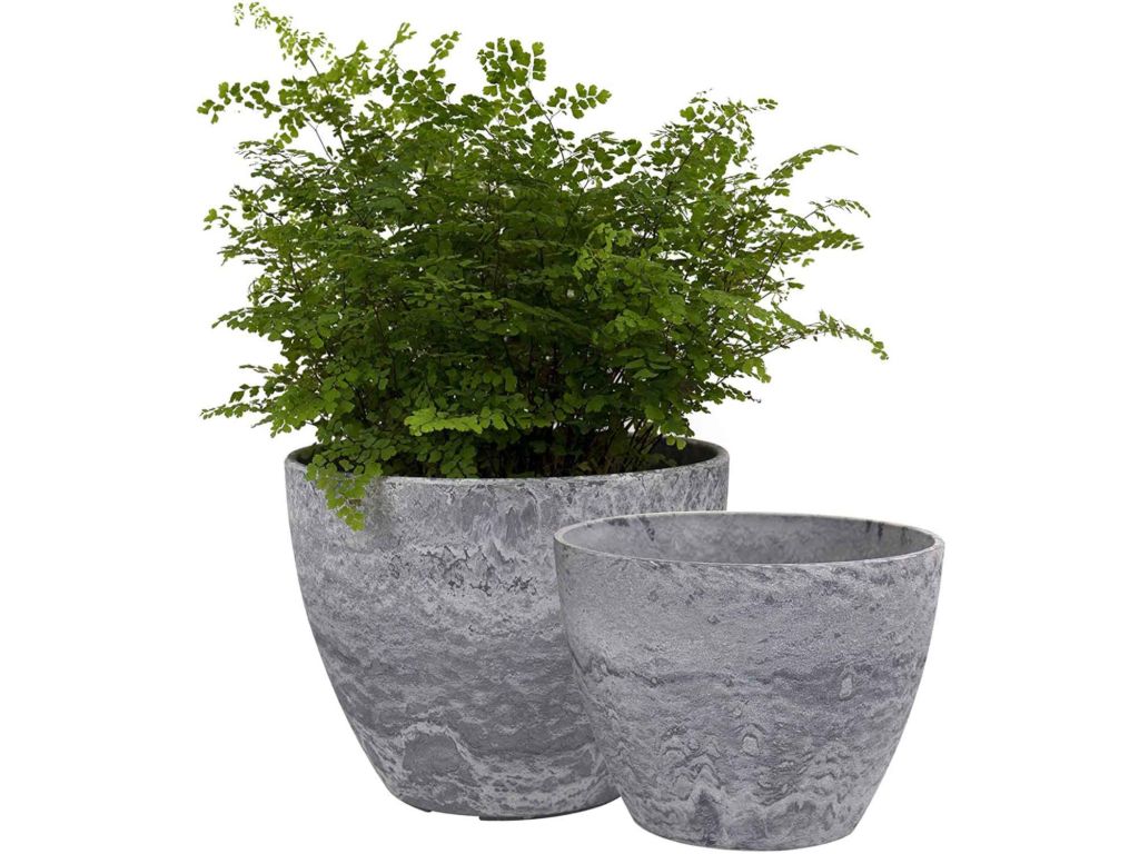 Flower Pots Outdoor Indoor Garden Planters, Plant Containers with Drain Hole, Gray, Marble Pattern (8.6 + 7.5 Inch)
