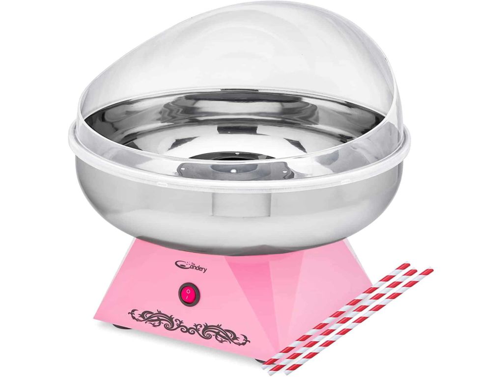 The Candery Premium Cotton Candy Machine - Large Stainless Steel Bowl- Works With Hard Candy, Sugar Free Candy, Sugar Floss, Homemade Sweets for Birthday Parties - Includes 10 Candy Cones & Scooper