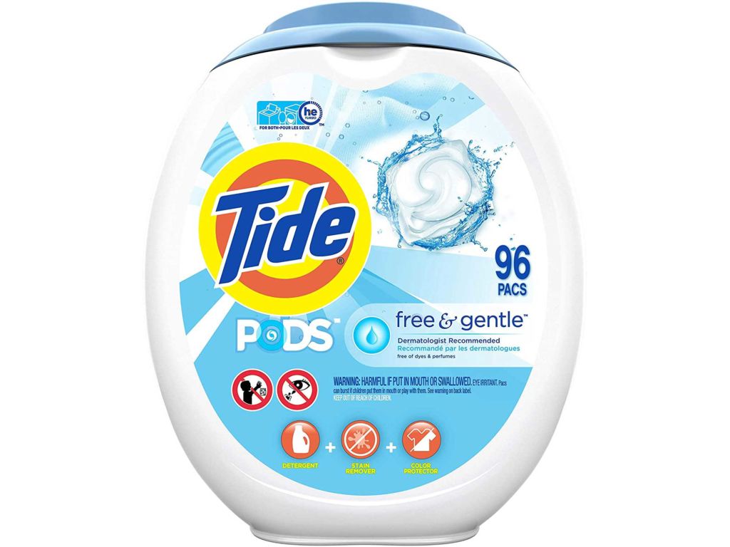 Tide PODS Free and Gentle, Laundry Detergent Soap PODS, HE, 96 Count - Unscented and Hypoallergenic for Sensitive Skin, Free and Clear of Dyes and Perfumes