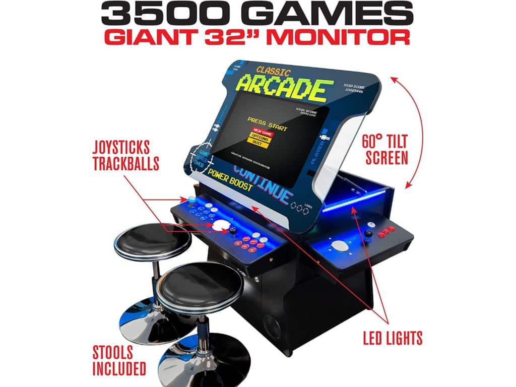 Creative Arcades Full-Size Commercial Grade Cocktail Arcade Machine | Trackball | 3500 Classic Games | 4 Sanwa Joysticks | 2 Stools Included | 32" Lifting Screen | 3-Year Warranty | Square Glass Top