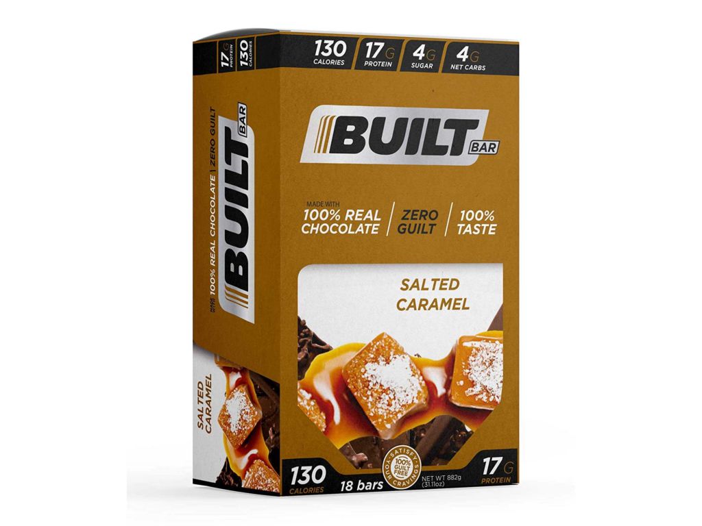 Built Bar 18 Pack Protein and Energy Bars — 100% Real Chocolate — High in Whey Protein and Fiber — Gluten Free, Natural Flavoring, No Preservatives (Salted Caramel)