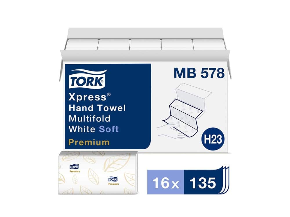 Tork Premium MB578 Soft Xpress Multifold Paper Hand Towel, 3-Panel, 2-Ply, 9.125" Width x 10.875" Length, White, 2,160 Towels, 135 per Pack (Pack of 16), White with Blue Leaf