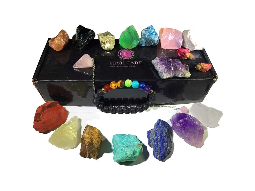 Tesh Care Chakra Therapy Starter Collection 17 pcs Healing Crystals kit, 7 Raw Chakra Stones,7 Colorful Gemstones, Amethyst,Rose Quartz Pendulum,Chakra Lava Bracelet,Dry Roses,Guide,COA,Gift Ready