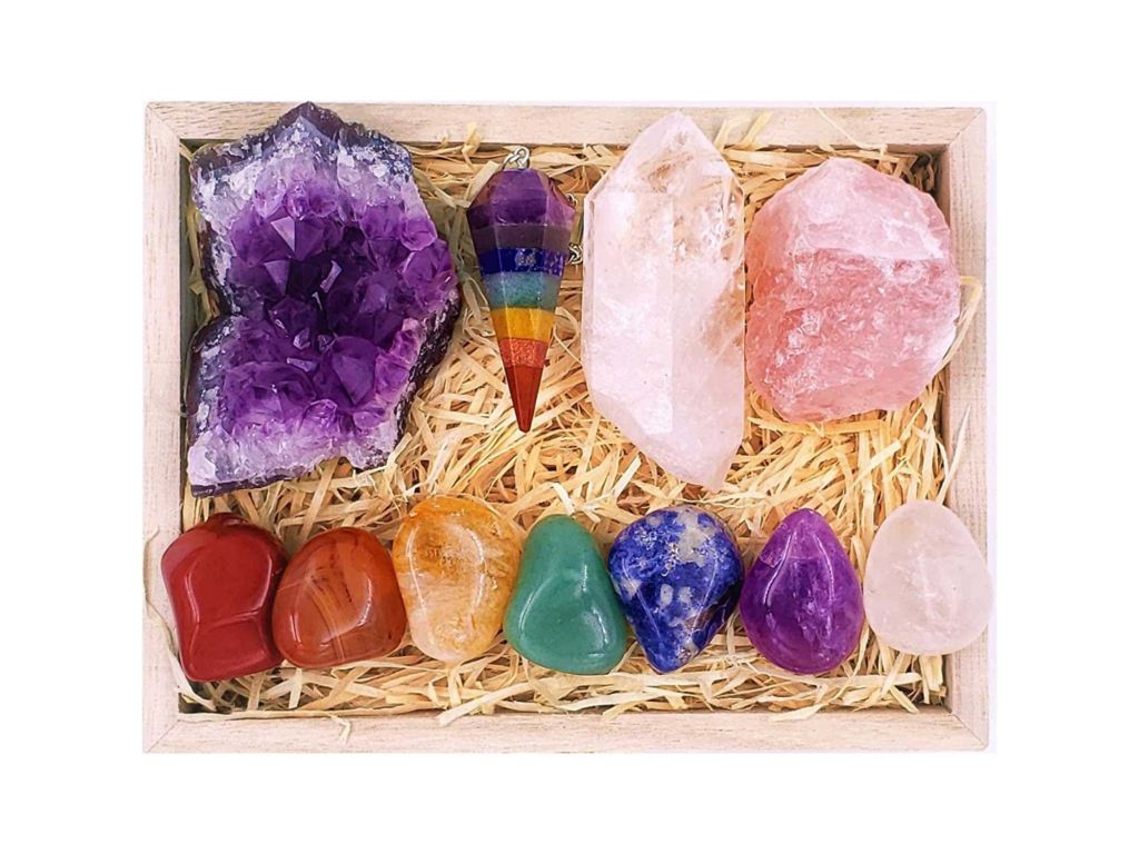 ZATNY Premium Healing Crystals Kit in Wooden Box - 7 Chakra Set Tumbled Stones, Rose Quartz, Amethyst Cluster, Crystal Points, Chakra Pendulum + 82 Page E-Book + 20x6 Mini Poster Guide, Ribbon Bow