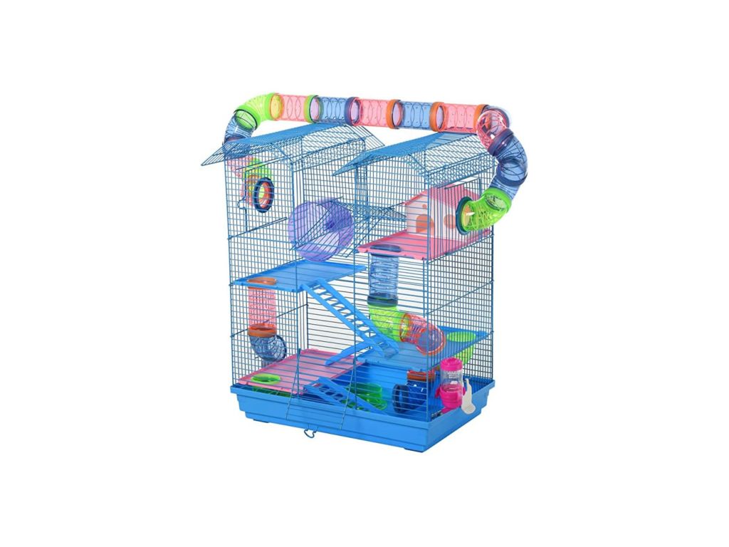 PawHut 5 Tiers Hamster Cage Small Animal Rat House with Exercise Wheels, Tube Water Bottles, and Ladder, Blue
