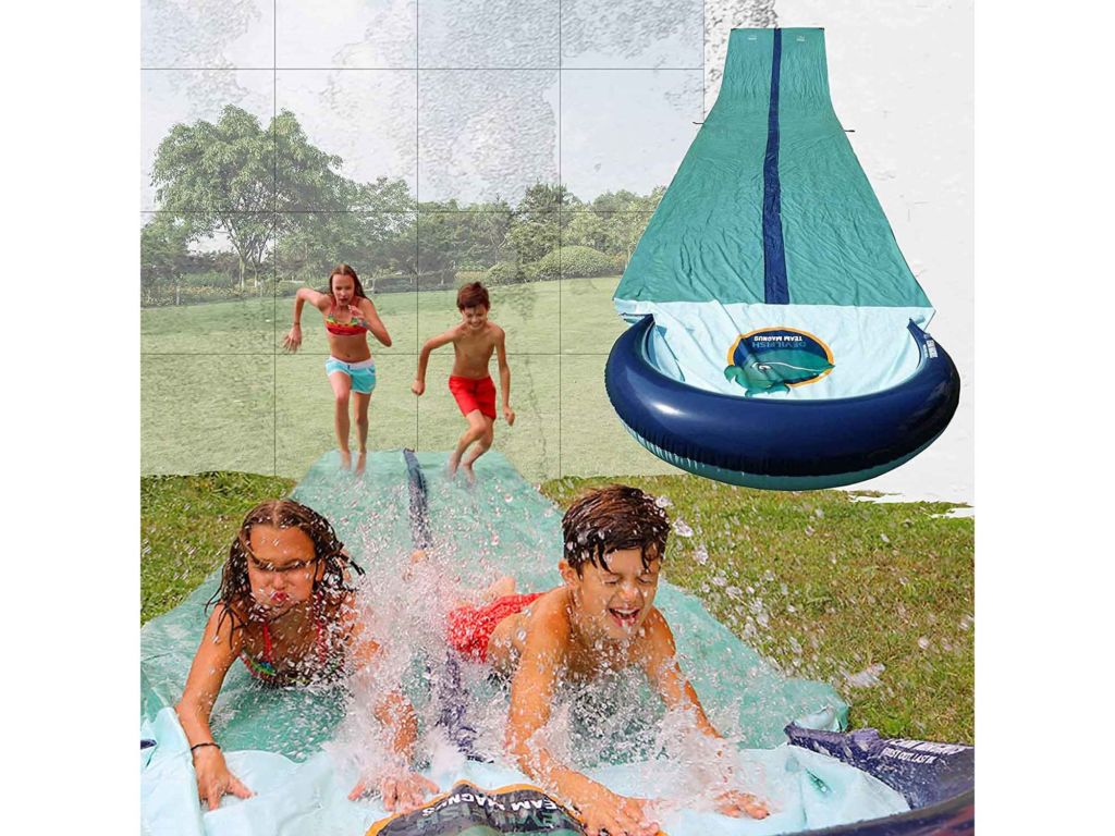 TEAM MAGNUS 31ft Water Slide - Central Sprinkler and XL Crash pad for Backyard Races