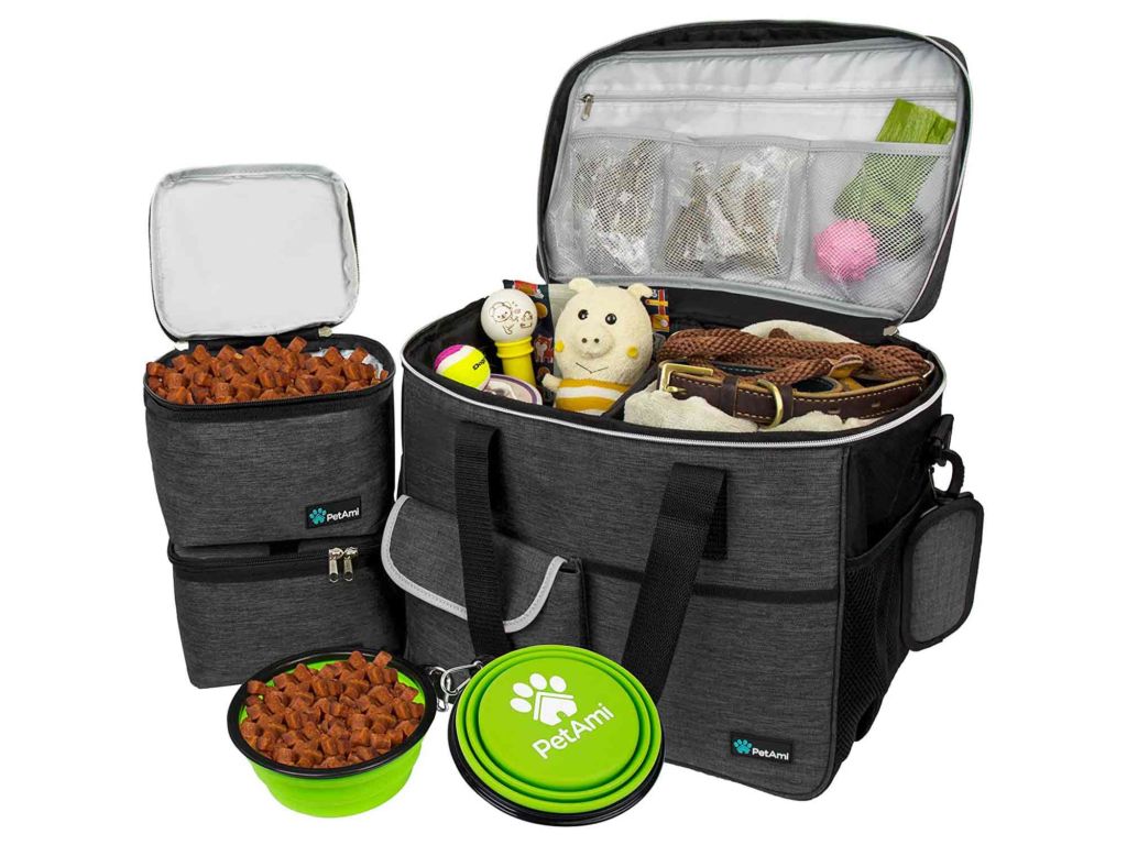 PetAmi Dog Travel Bag | Airline Approved Tote Organizer with Multi-Function Pockets, Food Container Bag and Collapsible Bowl | Perfect Weekend Pet Travel Set for Dog, Cat