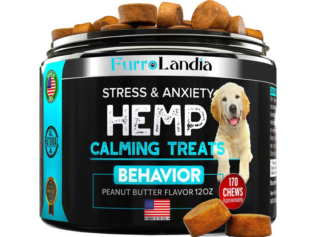 FurroLandia Hemp Calming Treats for Dogs - 170 Soft Chews - Made in USA - Hemp Oil for Dogs - Dog Anxiety Relief - Natural Calming Aid - Stress - Fireworks - Aggressive Behavior (Peanut Butter Flavor)