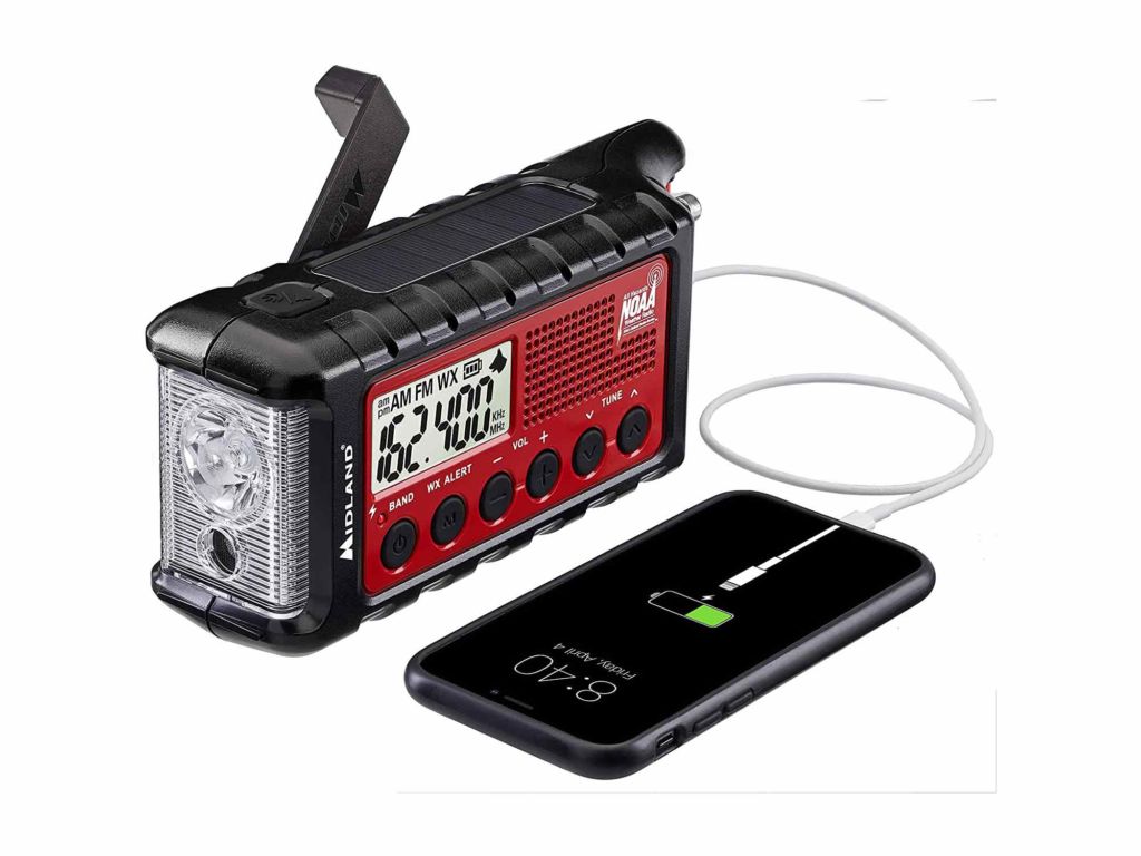 Midland - ER310, Emergency Crank Weather AM/FM Radio - Multiple Power Sources, SOS Emergency Flashlight, Ultrasonic Dog Whistle, & NOAA Weather Scan + Alert (Red/Black)