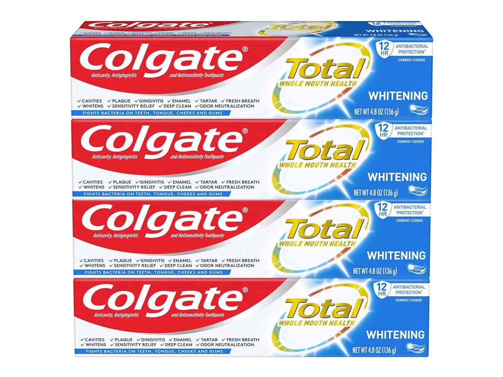 Colgate Total Whitening Toothpaste Gel with Stannous Fluoride and Zinc, Original, Pack of 4, Whitening Mint, 19.2 Ounce
