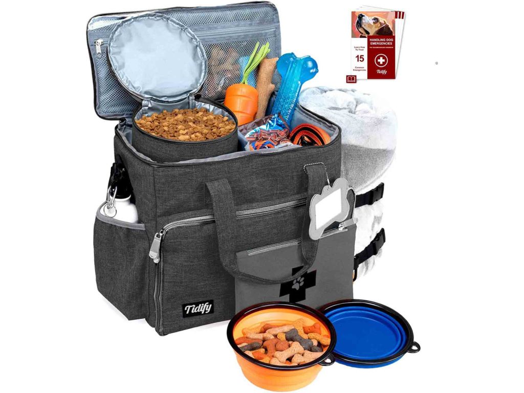 Dog Travel Bag Week Away/Overnight Accessories Organizer - Pet First Aid Pouch - Airline Approved - 2 Food Storage Containers and Collapsible Bowls - Water Resistant for Dog Lovers!