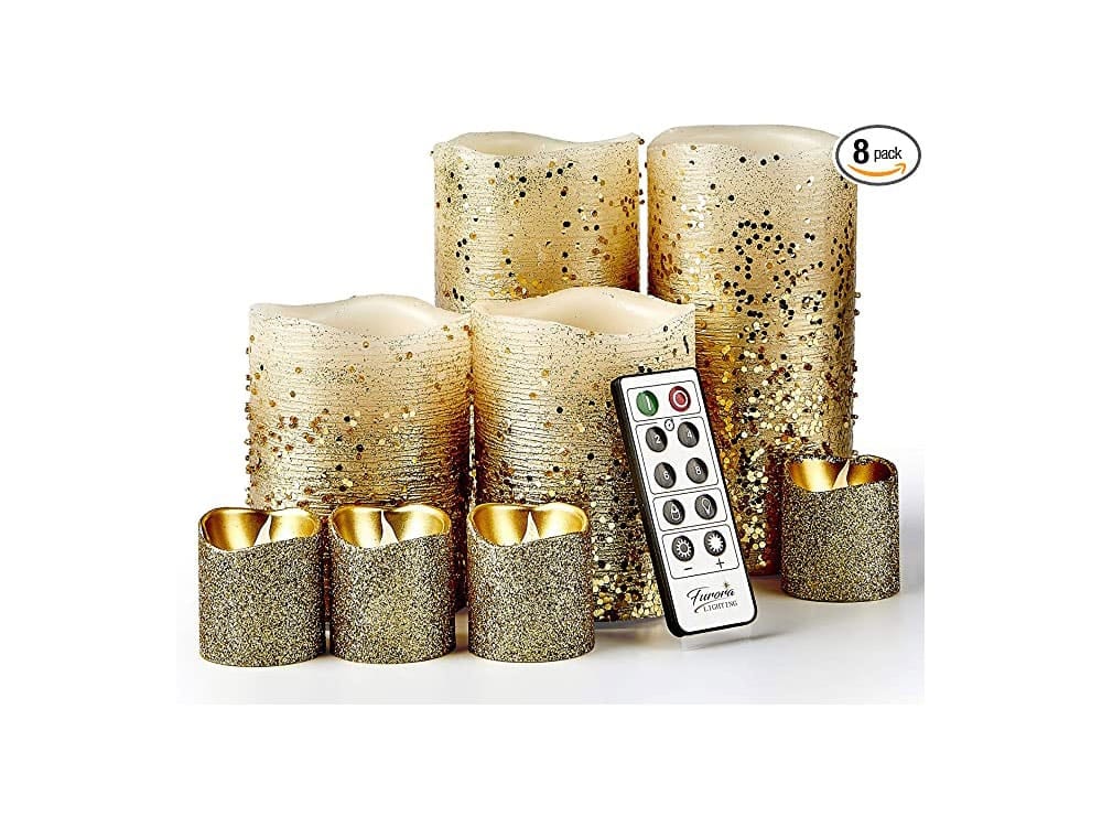 Flameless Candles Gold Candles Pillar Candles and Votive Candles, Furora LIGHTING Remote Controlled Battery Operated Candles Set of 8, Real Wax Fake Candles, Flickering Flameless Candles Gift Set