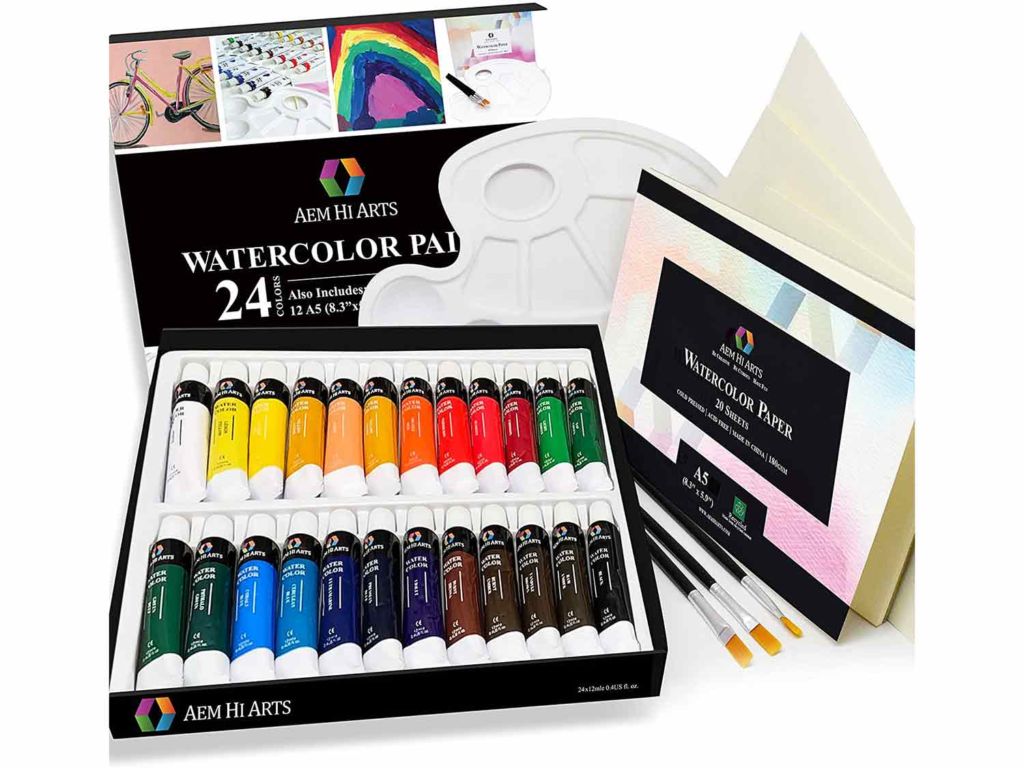 AEM Hi Arts Watercolor Paint Artist Set - 24 Tube Art Kit Includes Colorful Water Color Paints, Brushes, Paper, and Palette - Portable, Small and Washable, Great for Kids and Professional Artists