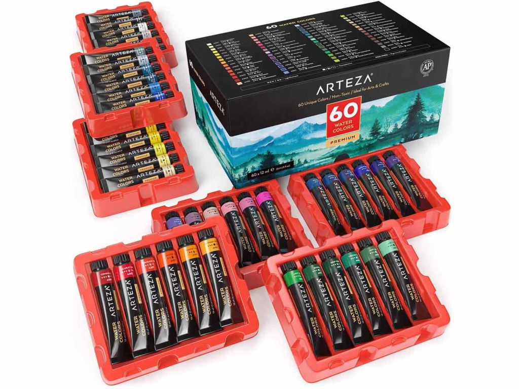 ARTEZA Watercolor Paint, Set of 60 Colors/Tubes (12 ml/0.4 US fl oz) with Storage Box, Rich Pigments, Vibrant, Non Toxic Paints for The Artist, Hobby Painters, Ideal for Watercolor Techniques