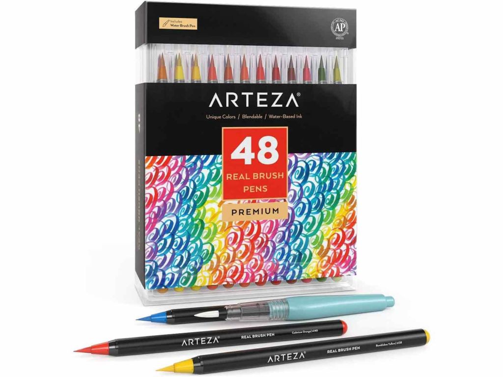 Arteza Real Brush Pens, 48 Colors for Watercolor Painting with Flexible Nylon Brush Tips, Paint Markers for Coloring, Calligraphy and Drawing with Water Brush for Artists and Beginner Painters