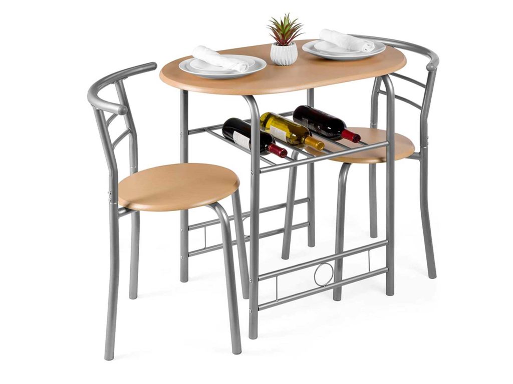 Best Choice Products 3-Piece Wooden Round Table & Chair Set for Kitchen, Dining Room, Compact Space w/Steel Frame, Built-in Wine Rack - Natural