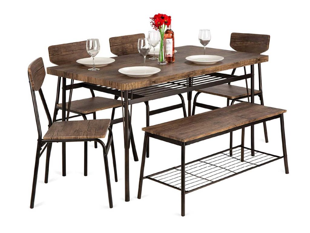 Best Choice Products 6-Piece 55in Wooden Modern Dining Set for Home, Kitchen, Dining Room w/Storage Racks, Rectangular Table, Bench, 4 Chairs, Steel Frame - Brown