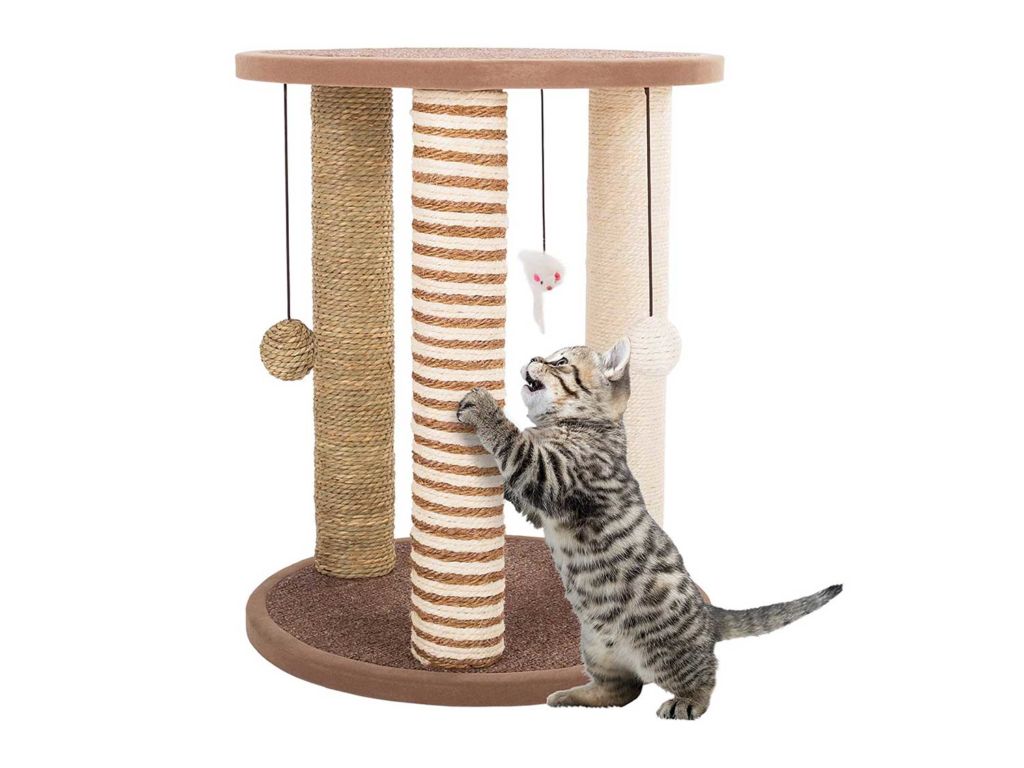 Cat Scratching Posts- Adult Cat and Kitten Tree, 3 Large Scratching Poles, Carpeted Base Play Area and Perch, Furniture Scratch Deterrent by PETMAKER