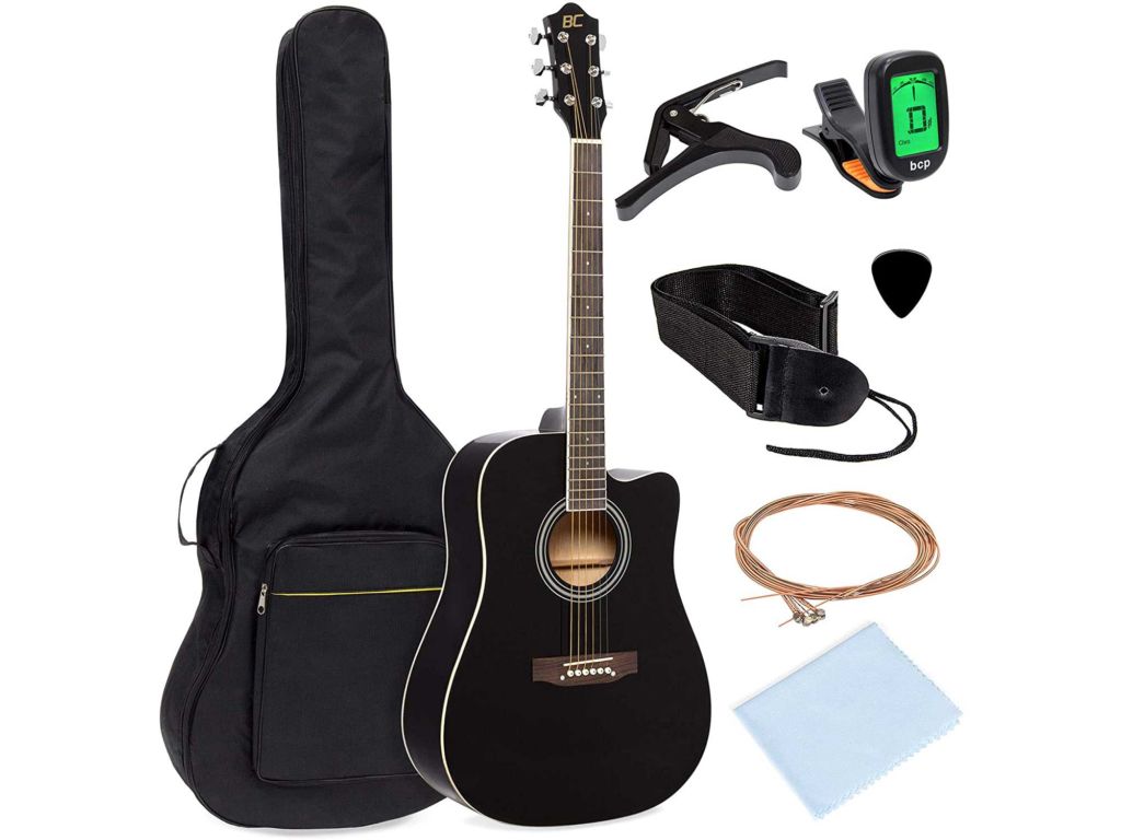 Best Choice Products 41in Full Size Beginner Acoustic Cutaway Guitar Kit w/Padded Case, Strap, Capo, Extra Strings, Digital Tuner, Picks (Black)