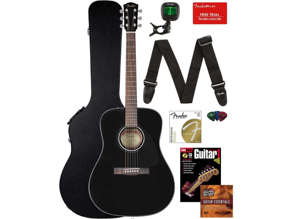 Fender CD-60 Dreadnought Acoustic Guitar Bundle with Hard Case, Strap, Tuner, Strings, Picks, Instructional Book, and Austin Bazaar Instructional DVD - Black