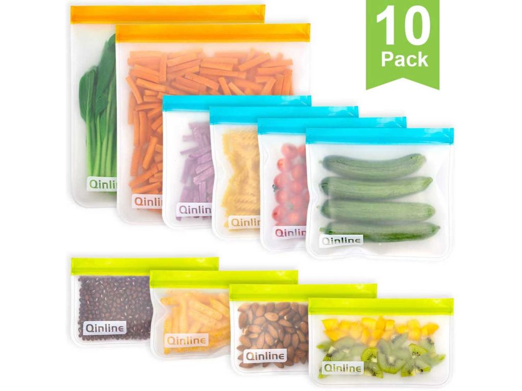 Qinline Reusable Storage Bags - 10 Pack BPA FREE Freezer Bags(2 Reusable Gallon Bags + 4 Leakproof Reusable Sandwich Bags + 4 THICK Reusable Snack Bags) Lunch Bags for Food Marinate Meat Fruit Cereal