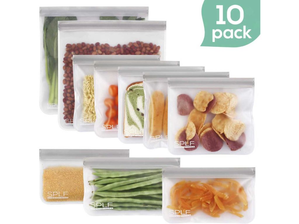 SPLF 10 Pack BPA FREE Reusable Storage Bags (5 Reusable Sandwich Bags, 3 Reusable Snack Bags, 2 Reusable Gallon Bags), Extra Thick Freezer Bags Leakproof Silicone and Plastic Free Ziplock Lunch Bags