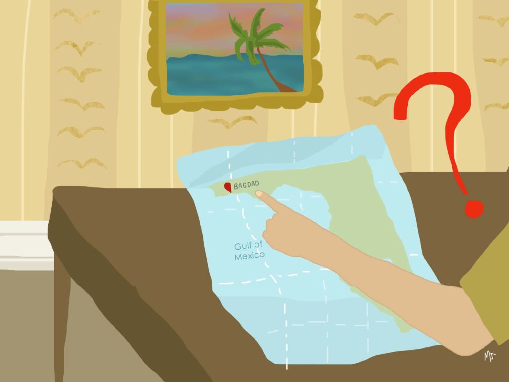 Illustration of man pointing to Bagdad on a Florida map