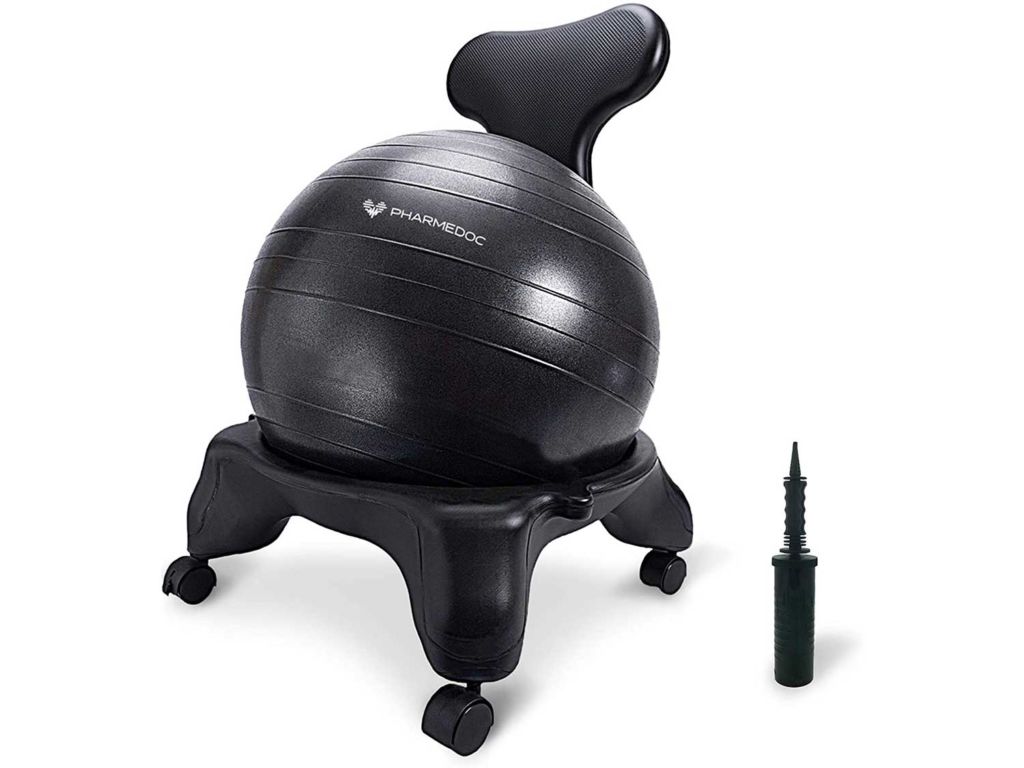 PharMeDoc Balance Ball Chair with Back Support for Home and Office w/Exercise Ball, Pump, Removable Back & Lockable Wheels