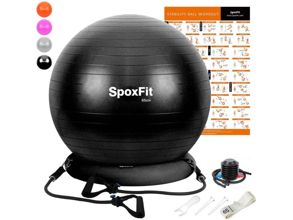 SpoxFit Exercise Ball Chair with Resistance Bands, Perfect for Office, Yoga, Balance, Fitness, Super Strong Holds 660lbs. Set Includes Stable Base, Workout Poster, Pump, Home Gym Bundle-65cm
