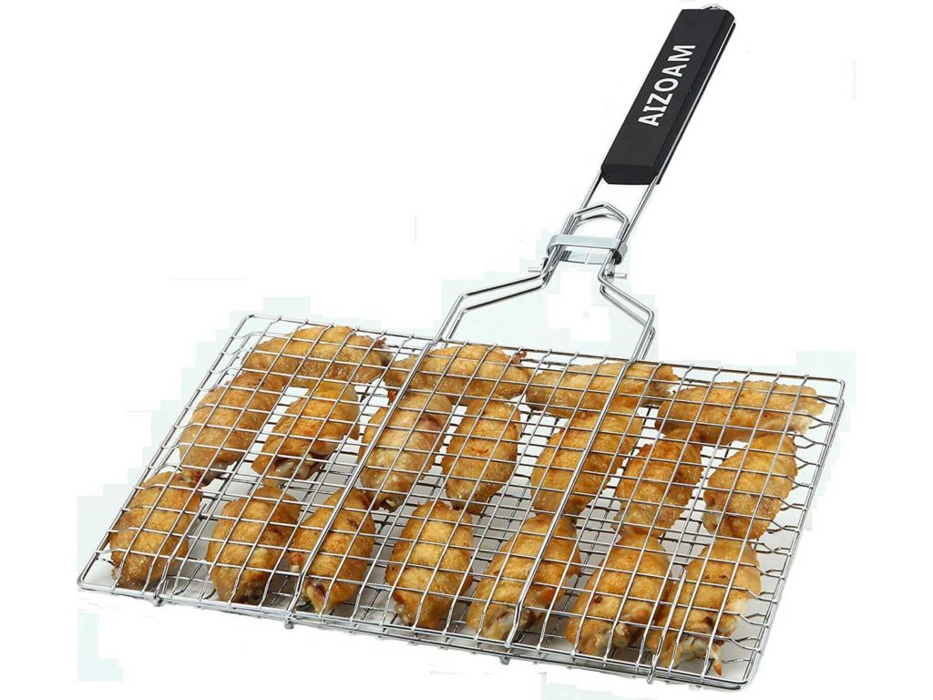 AIZOAM Portable Stainless Steel BBQ Barbecue Grilling Basket for Fish,Vegetables, Steak,Shrimp, Chops and Many Other Food .Great and Useful BBQ Tool. Bonus an Additional Sauce Brush.
